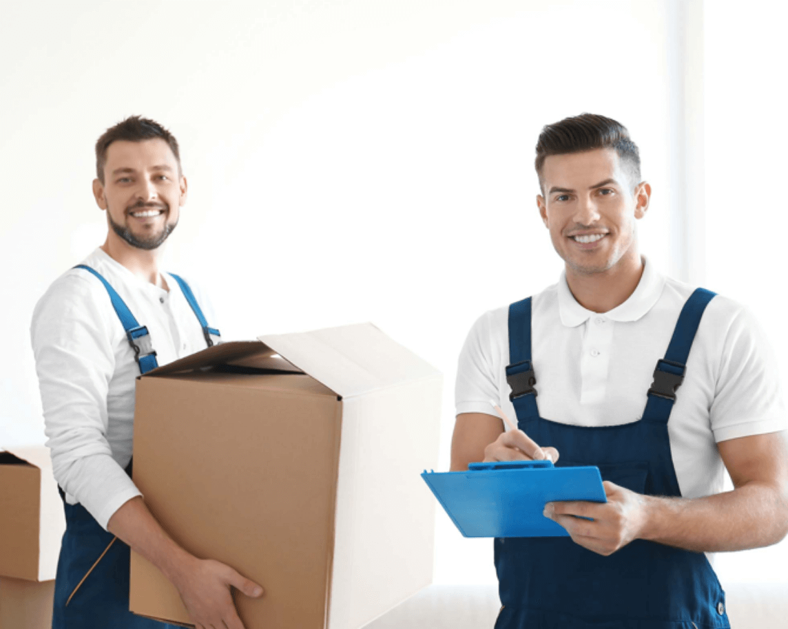 Two person holding a task board and a box